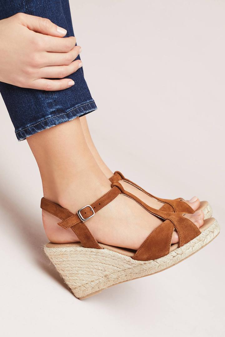 Anthropologie Suede T-strap Wedge Sandals