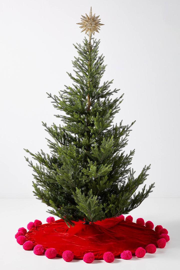 Anthropologie Red Velvet Pom Pom Tree Skirt