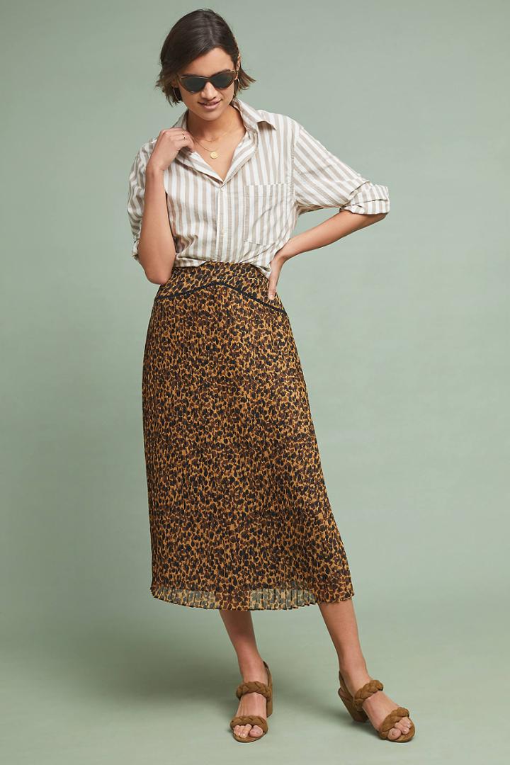 Ranna Gill Pleated Leopard Midi Skirt