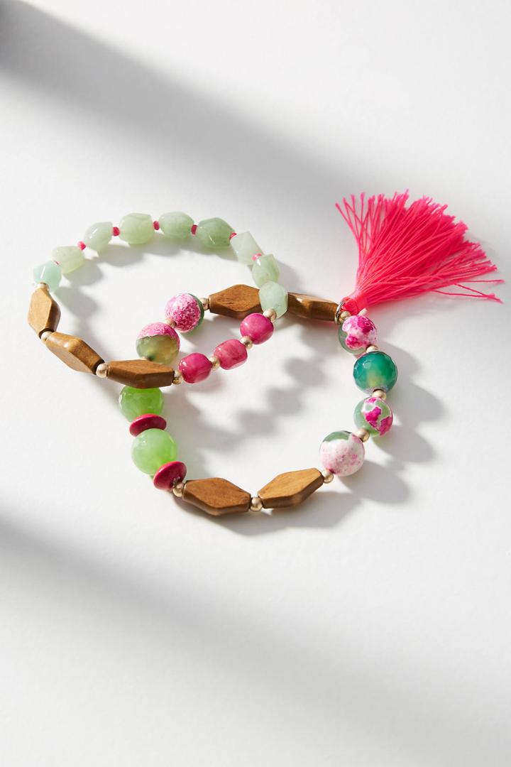 Anthropologie Pink-tasseled Bracelet Set