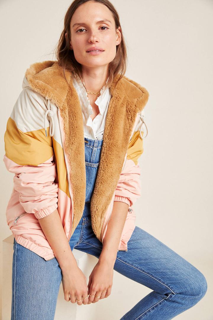 Anthropologie Kacie Colorblocked Reversible Fur Parka