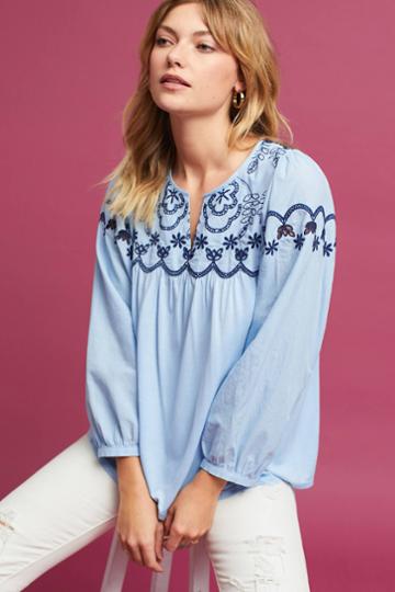 One.september Embroidered Split-neck Top