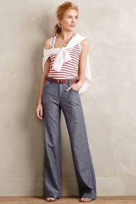 Pilcro Herringbone Linen Trousers Navy