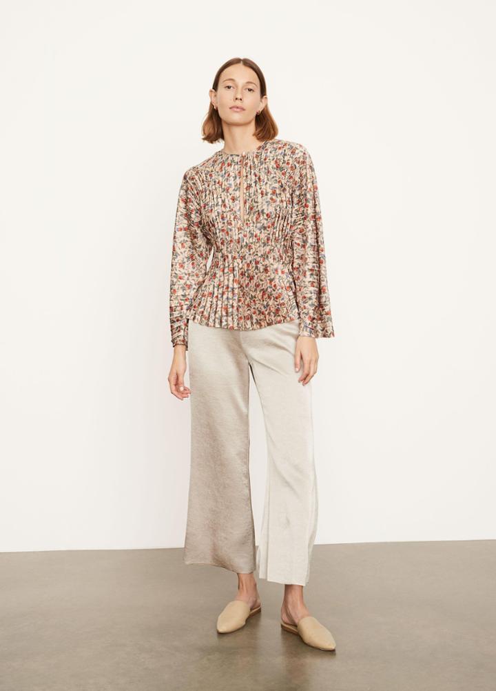 Vince Pomegranate Pleated V-neck Blouse