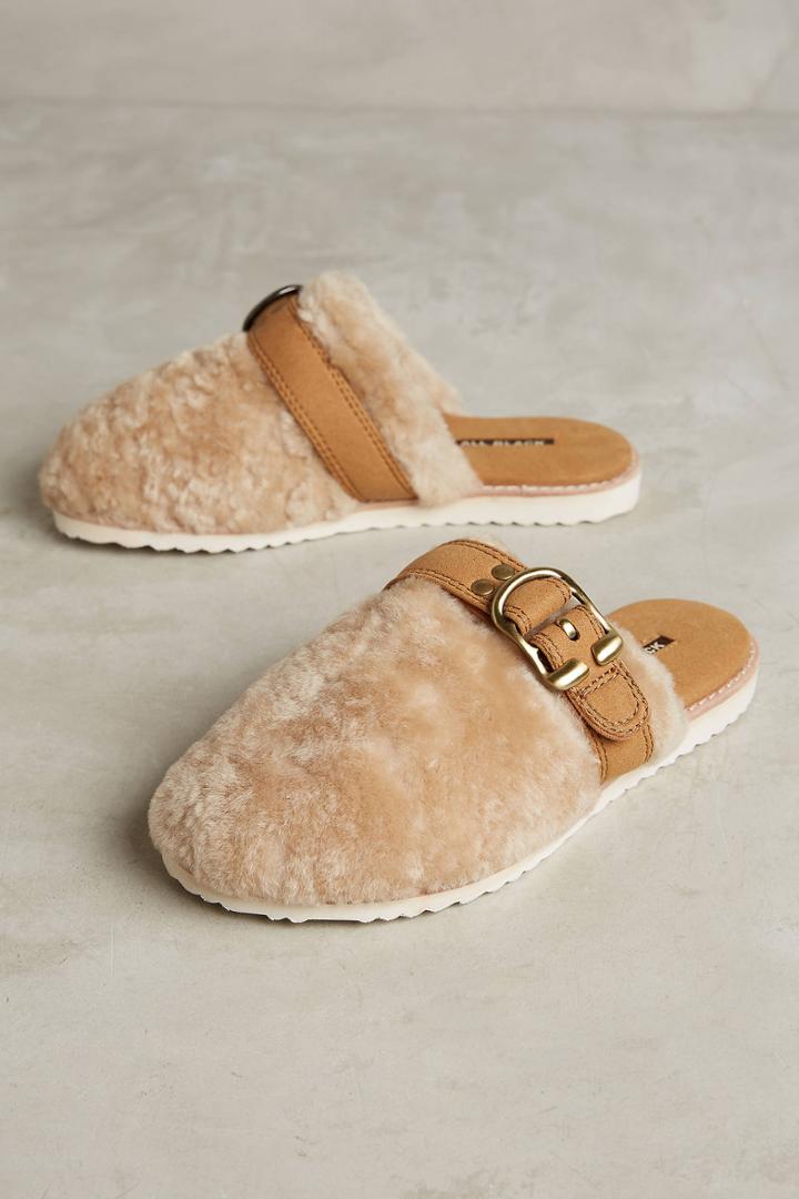 All Black Shearling Buckle Slides