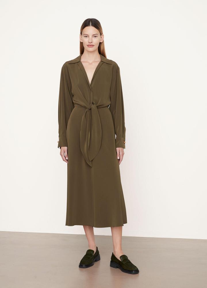 Vince Long Sleeve Shaped Collar Tie Front Dress
