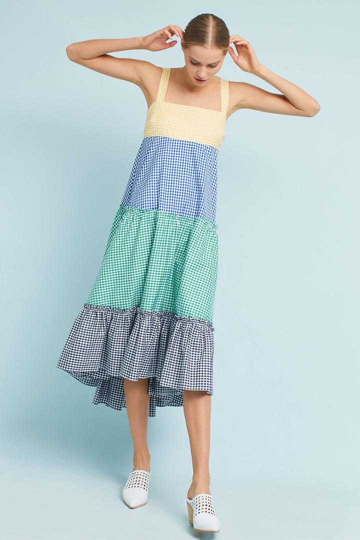 Mds Stripes Gingham Tiered Dress