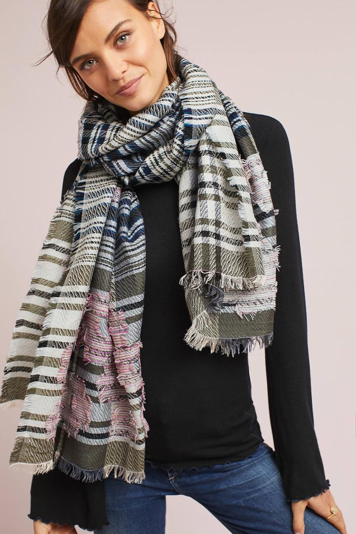 Anthropologie Floral Overlay Wool Scarf