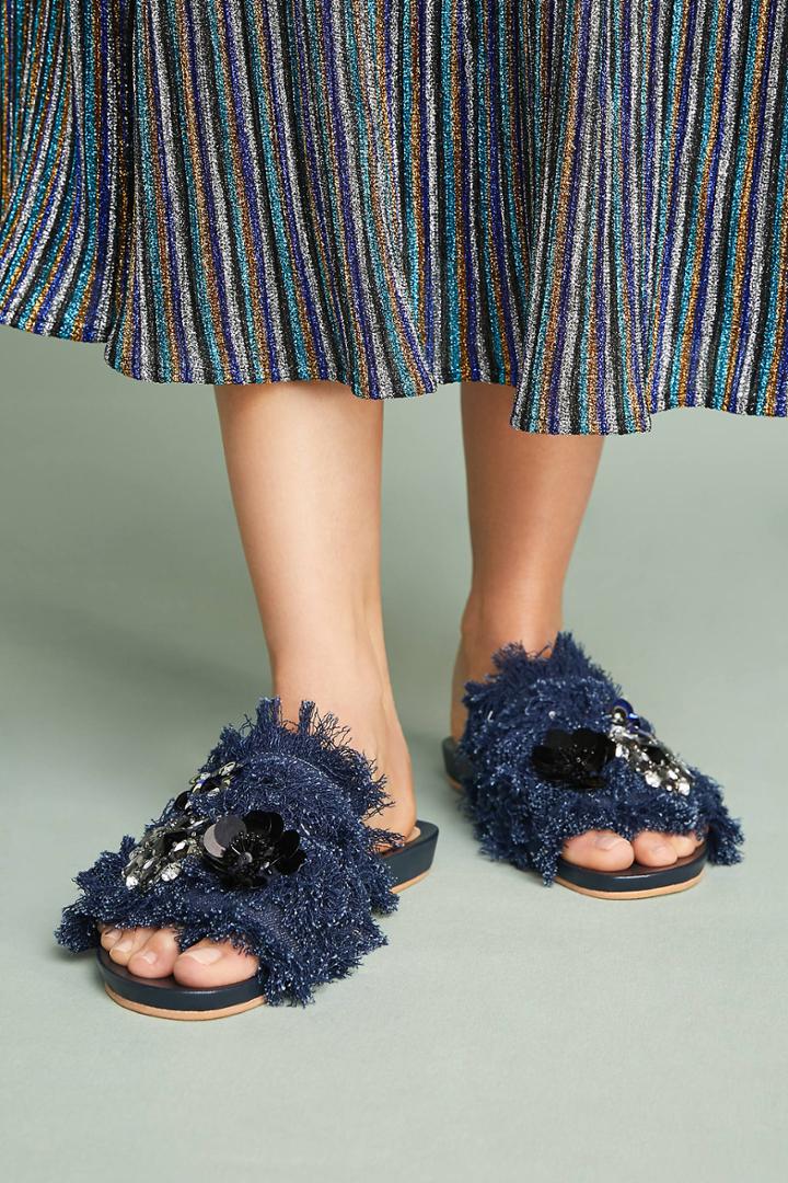 Bill Blass Embroidered Denim Slide Sandals