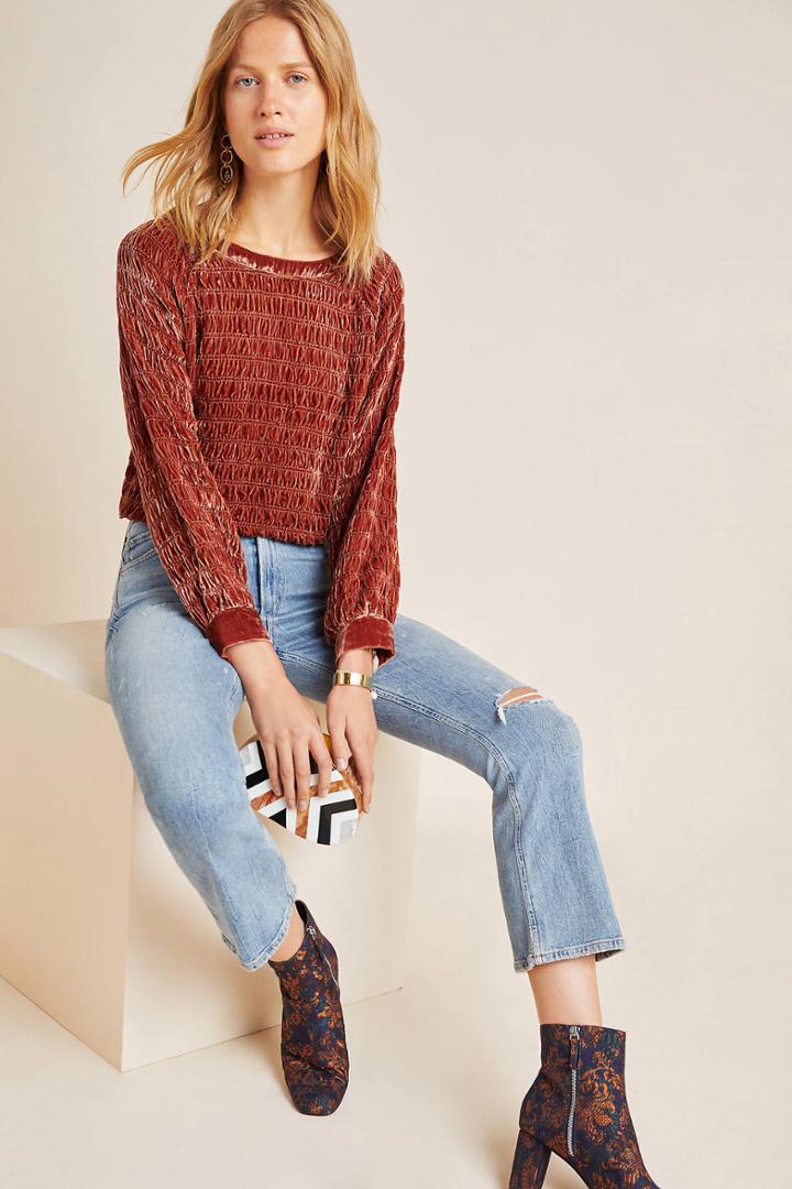 Love Sam Astrid Smocked Velvet Silk Blouse