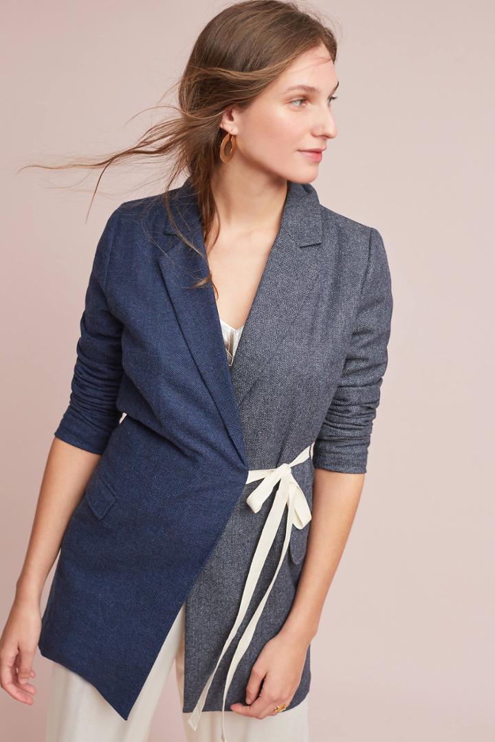 Mo:vint Colorblock Tie-front Long Blazer