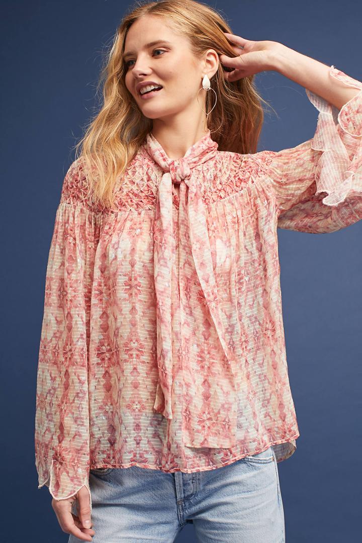 Intropia Smocked Tie-neck Blouse