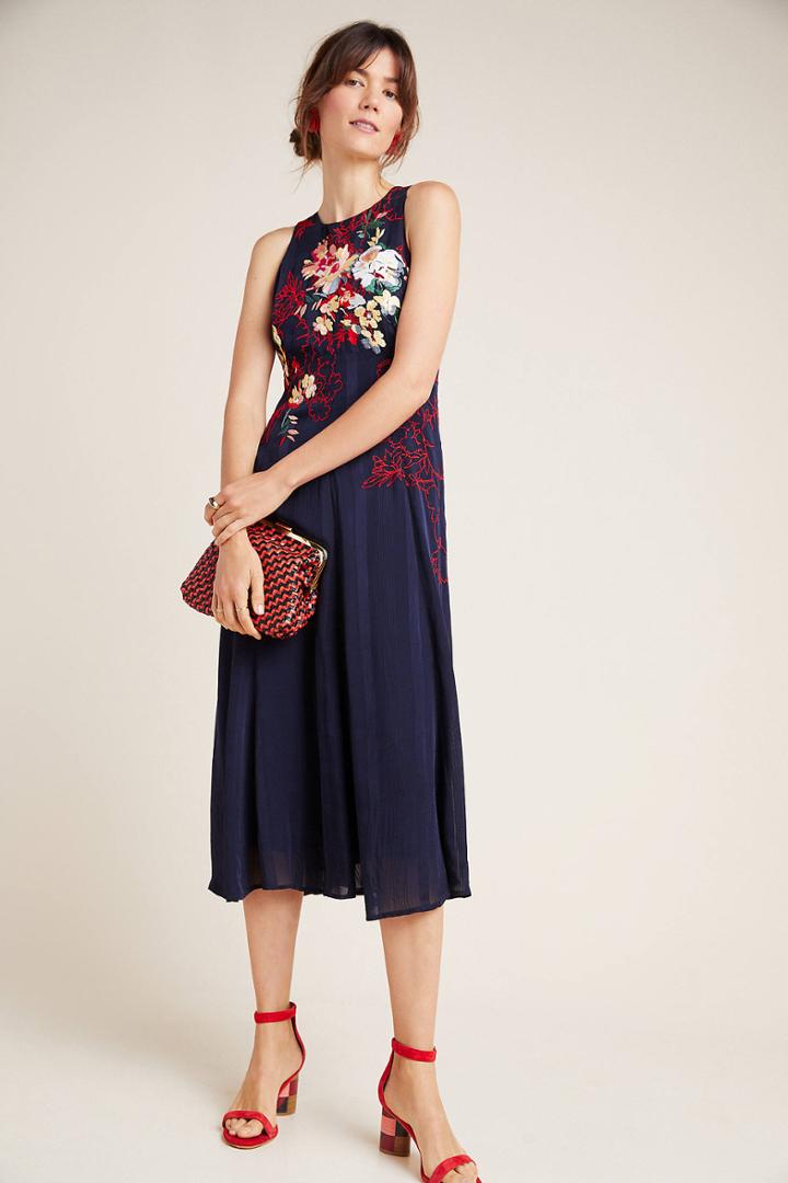 Anthropologie Tanzine Embroidered Midi Dress