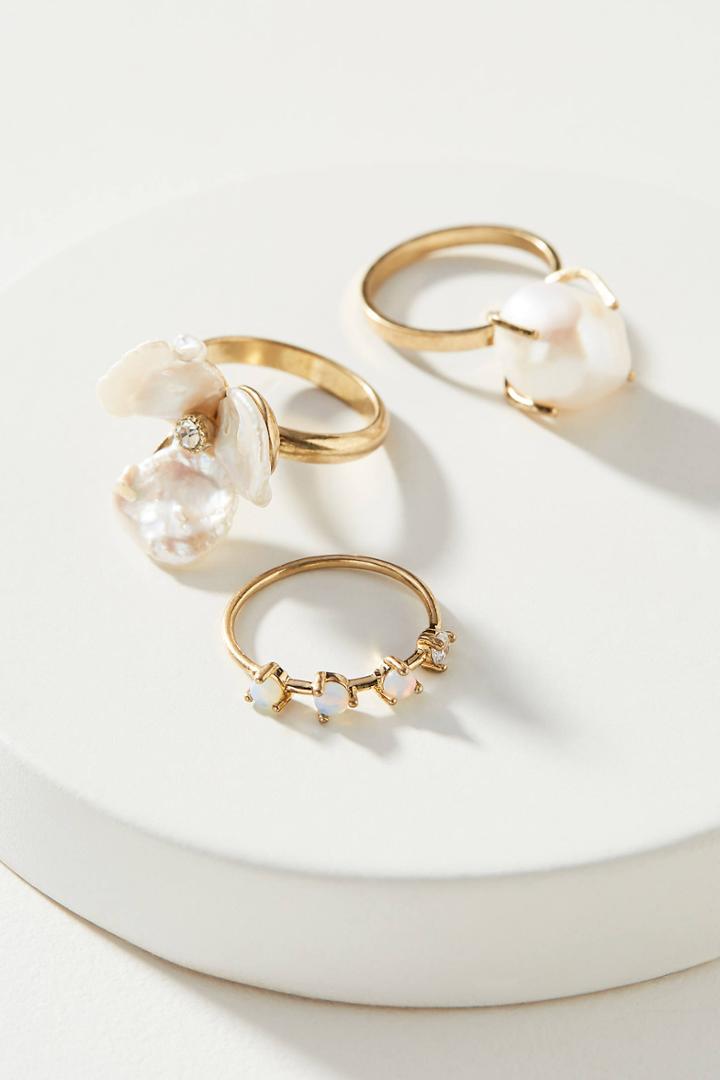 Anthropologie Floral Pearl Ring Set