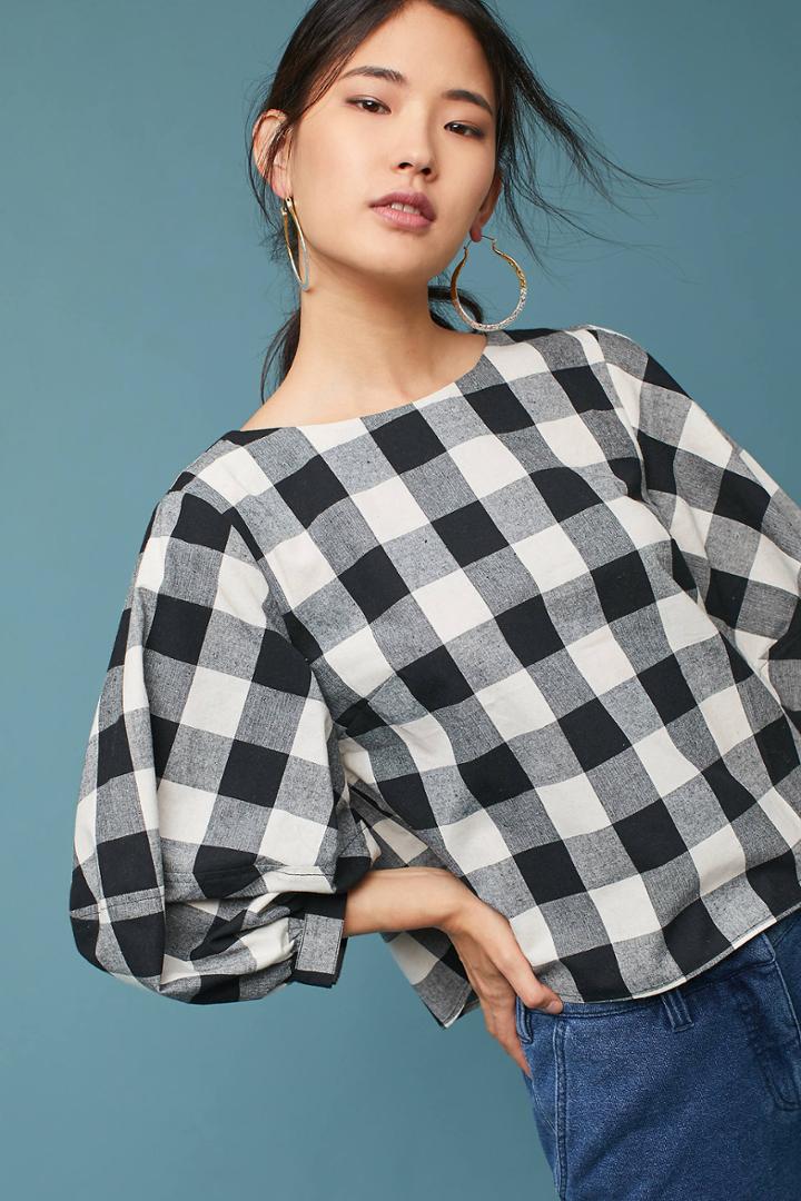 Anthropologie Gingham Balloon-sleeve Blouse