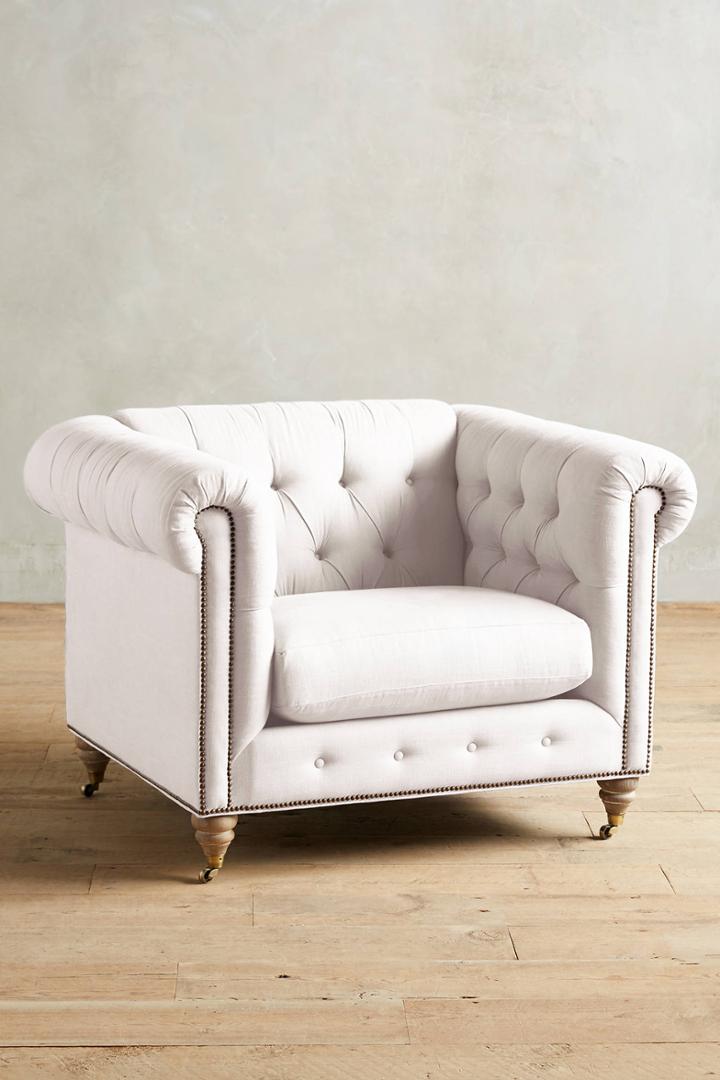 Anthropologie Belgian Linen Lyre Chesterfield Armchair, Wilcox