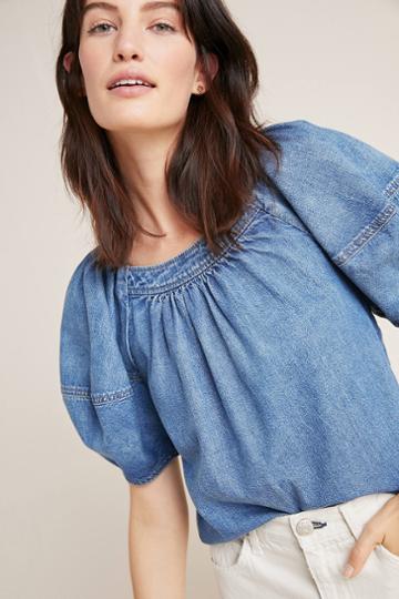 La Vie By Rebecca Taylor Denim Puff-sleeved Blouse