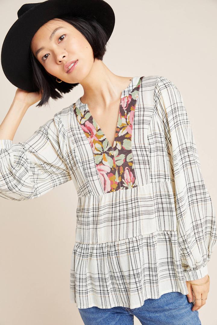 Anthropologie Darlene Plaid Peasant Blouse