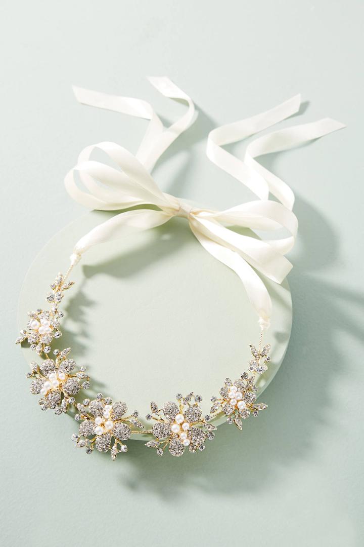 Anthropologie Pearled White Ribbon Headband