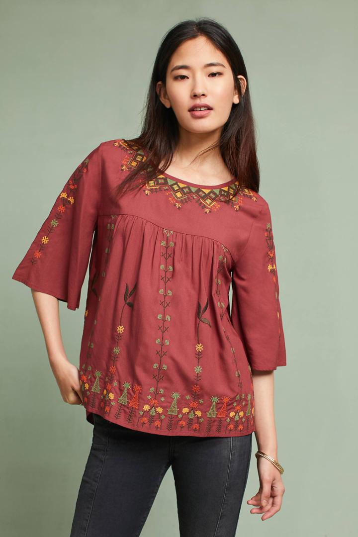 Hazel Gale Embroidered Flutter-sleeve Top