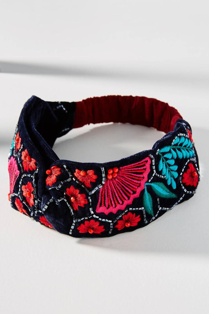 Anthropologie Luciana Embroidered Velvet Headband