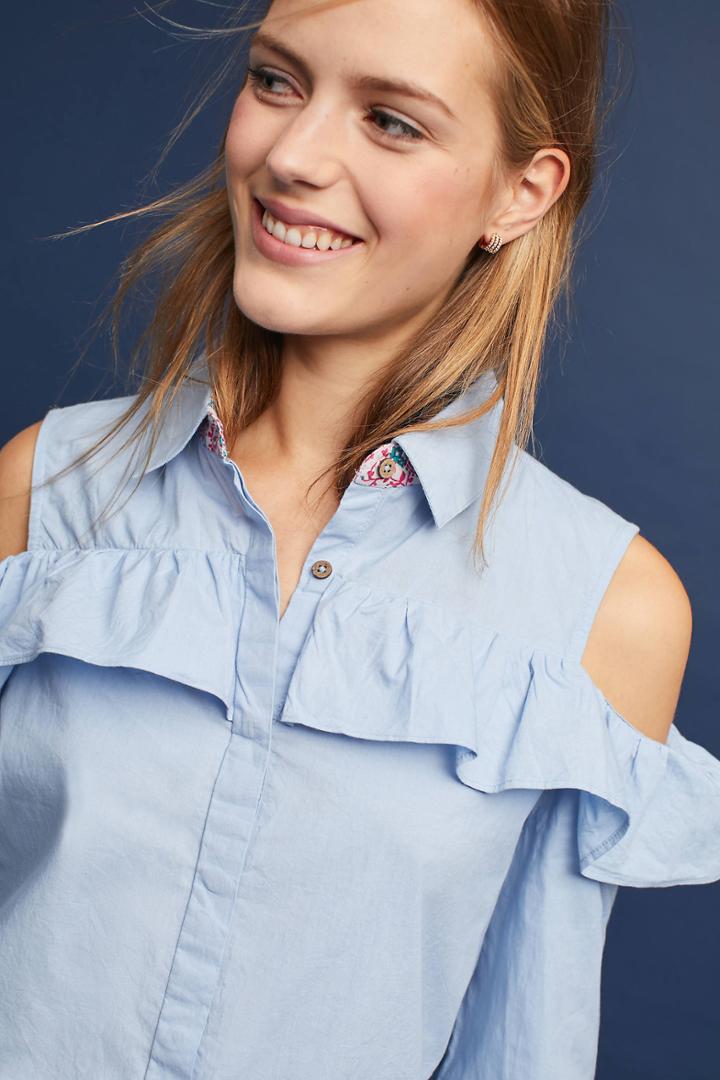 Seen Worn Kept Ruffled Open-shoulder Buttondown