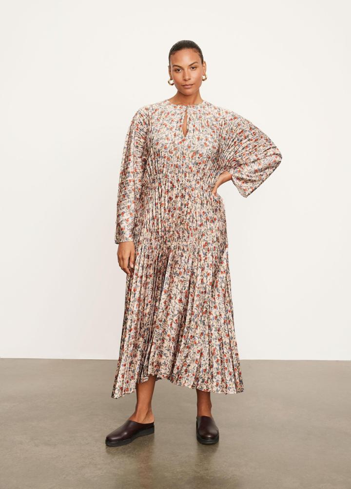Vince Pomegranate Pleated V-neck Dress