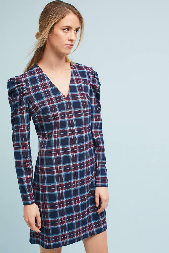 Donna Morgan Plaid Ruched-sleeve Dress