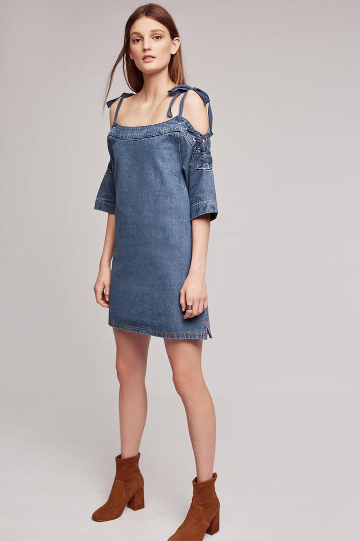 Joa Denim Open-shoulder Shift Dress