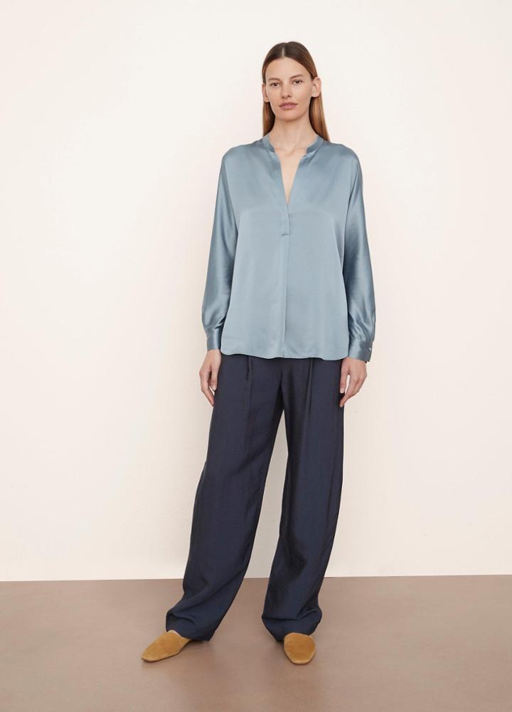 Vince Fitted Silk Band Collar Blouse