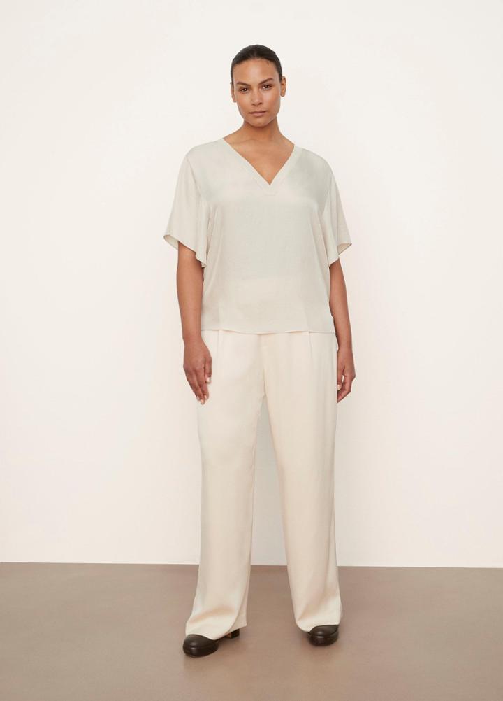 Vince Rib Trim Double V Neck Short Sleeve Popover