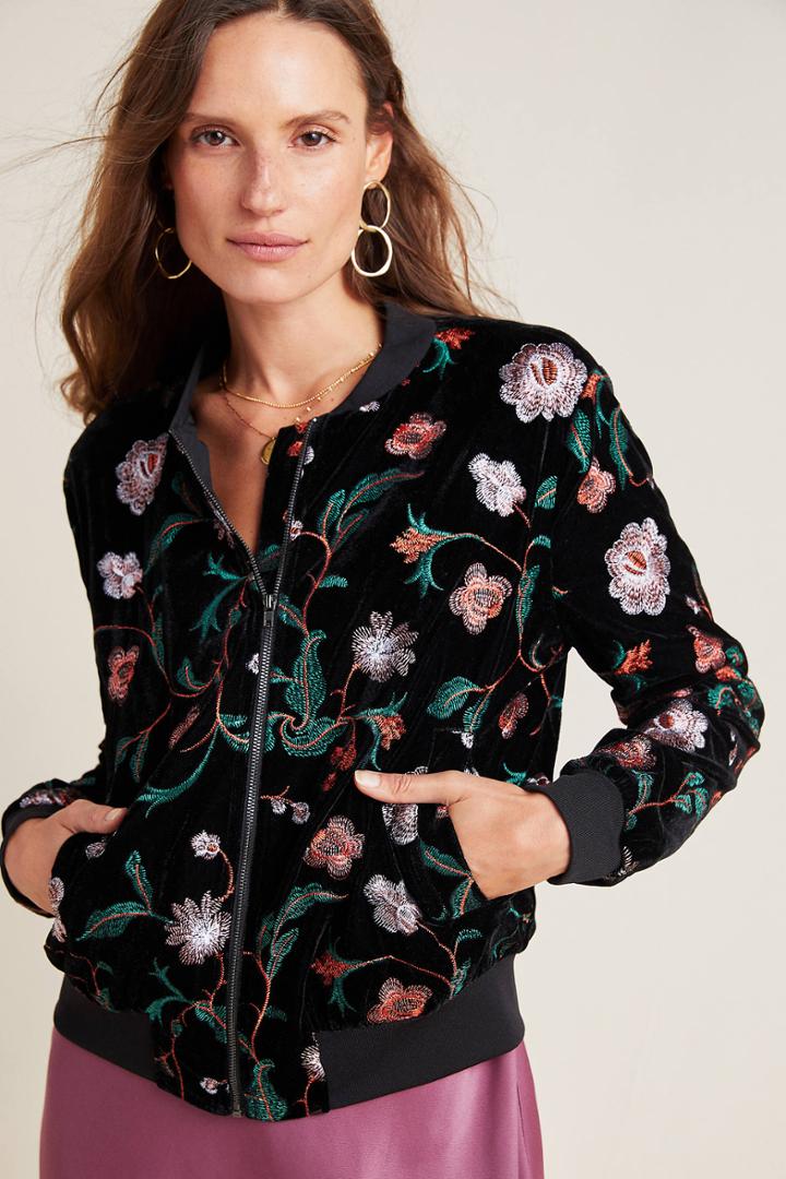 Harlyn Hilaire Embroidered Velvet Bomber Jacket