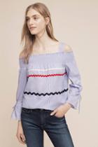 English Factory Smocked Pinstripe Open-shoulder Top