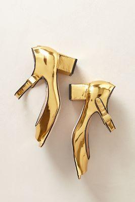 Anthropologie Mirrored Gold Heels