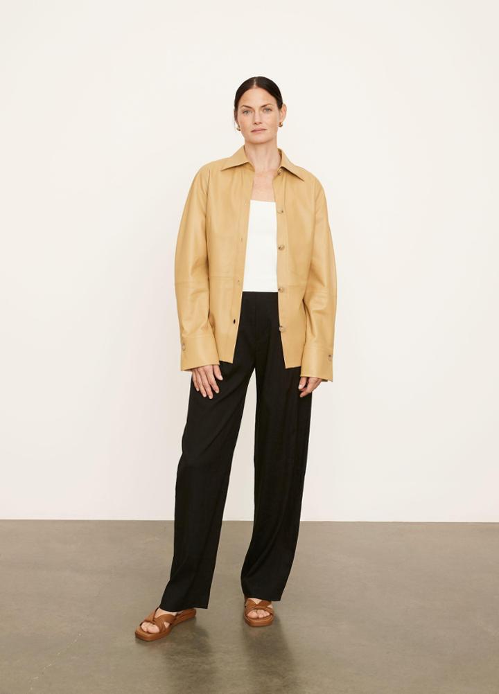 Vince Ruched Back Leather Shirt Jacket