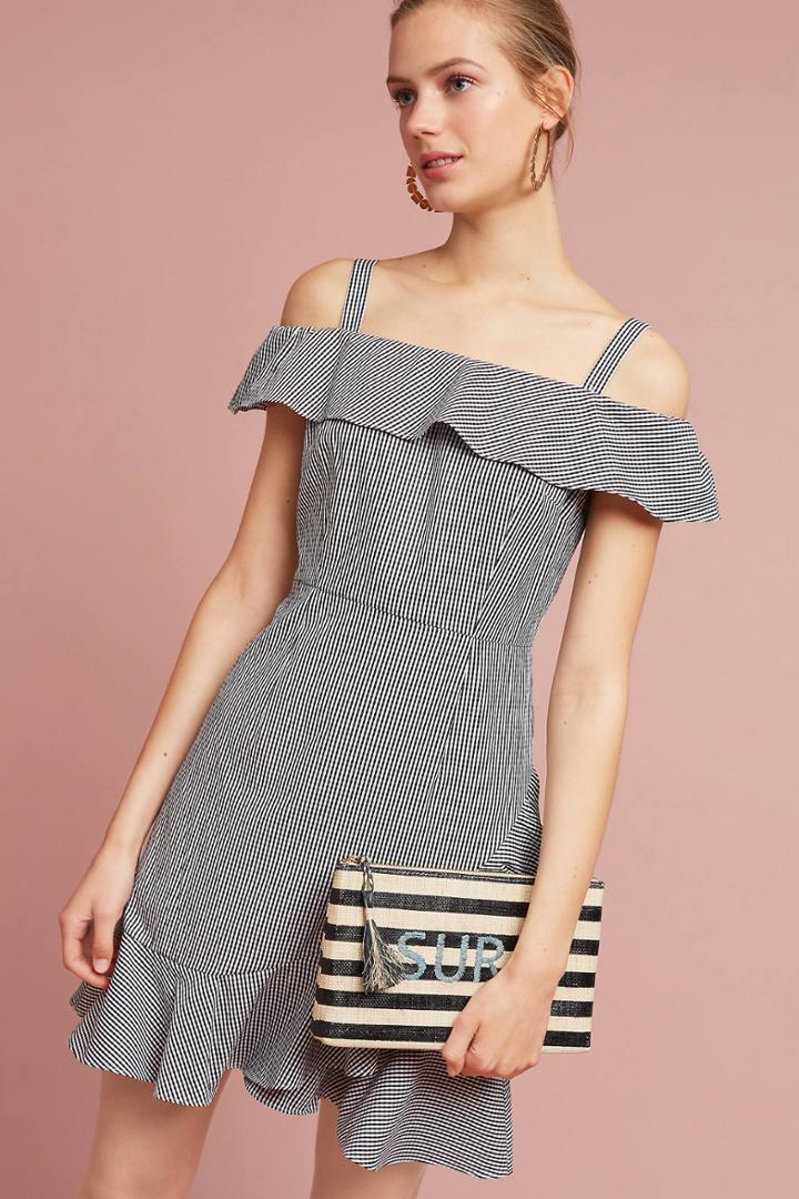 Donna Morgan Gingham Ruffled Open-shoulder Dress