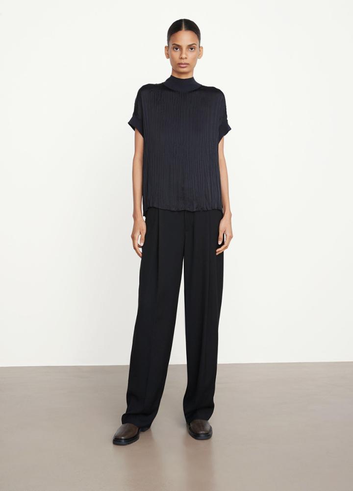 Vince Rib Mock Neck Crushed Satin Short Sleeve Blouse