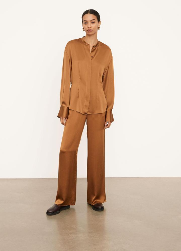 Vince Silk Shaped Long Sleeve Band Collar Blouse