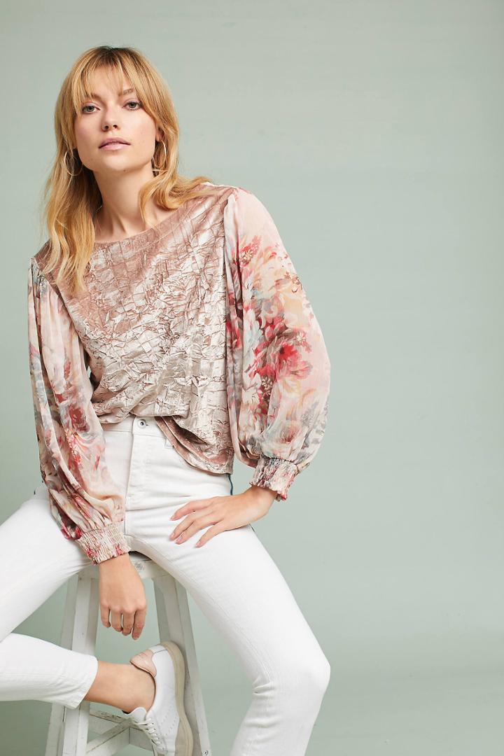 Meadow Rue Floral-sleeve Velvet Top