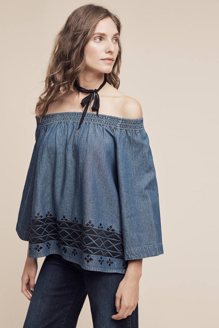Ne Quittez Pas Cultivar Embroidered Denim Blouse
