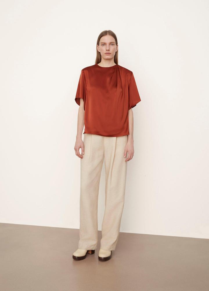 Vince Silk Flutter Sleeve Draped Neck Blouse