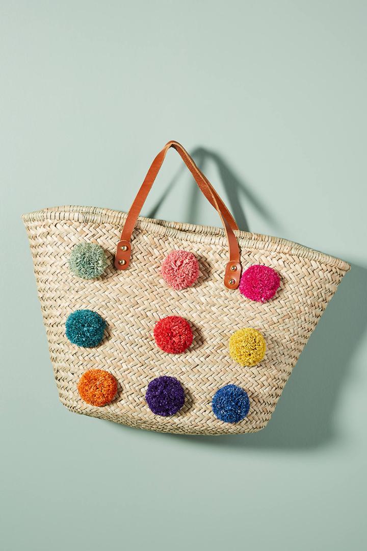 Anthropologie Electra Pom Straw Tote Bag