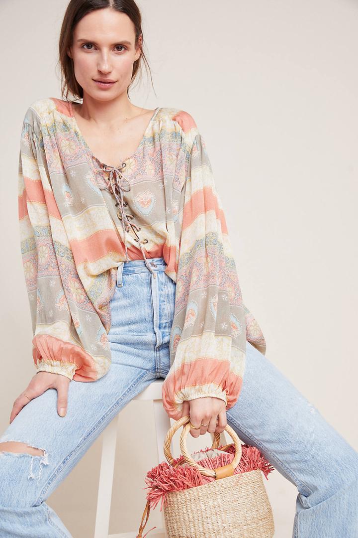 Mes Demoiselles Pistache Silk Peasant Top