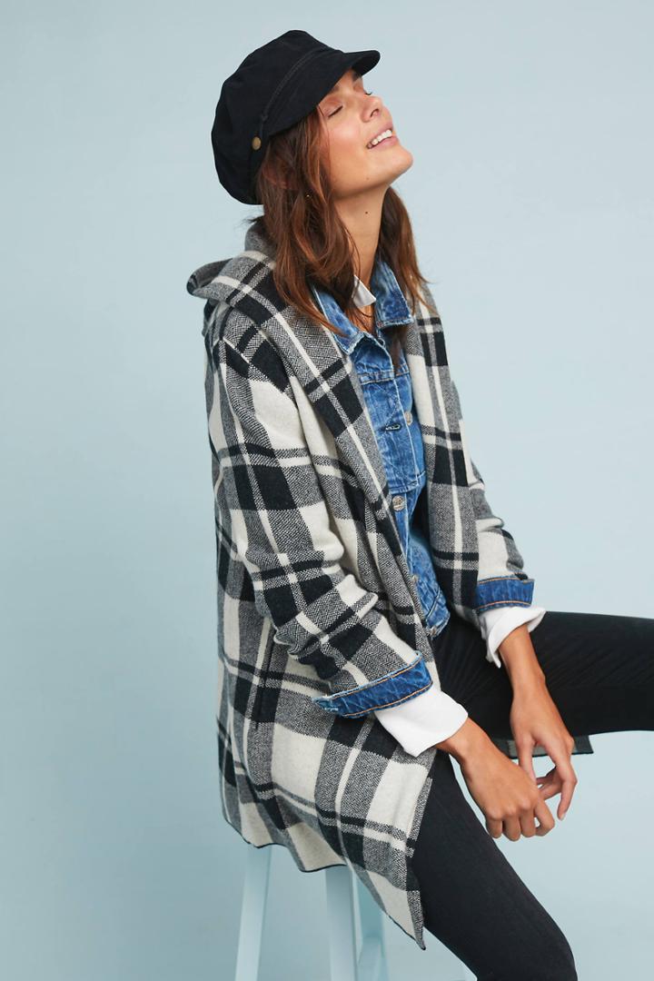 Field Flower Hooded Plaid Sweater Coat