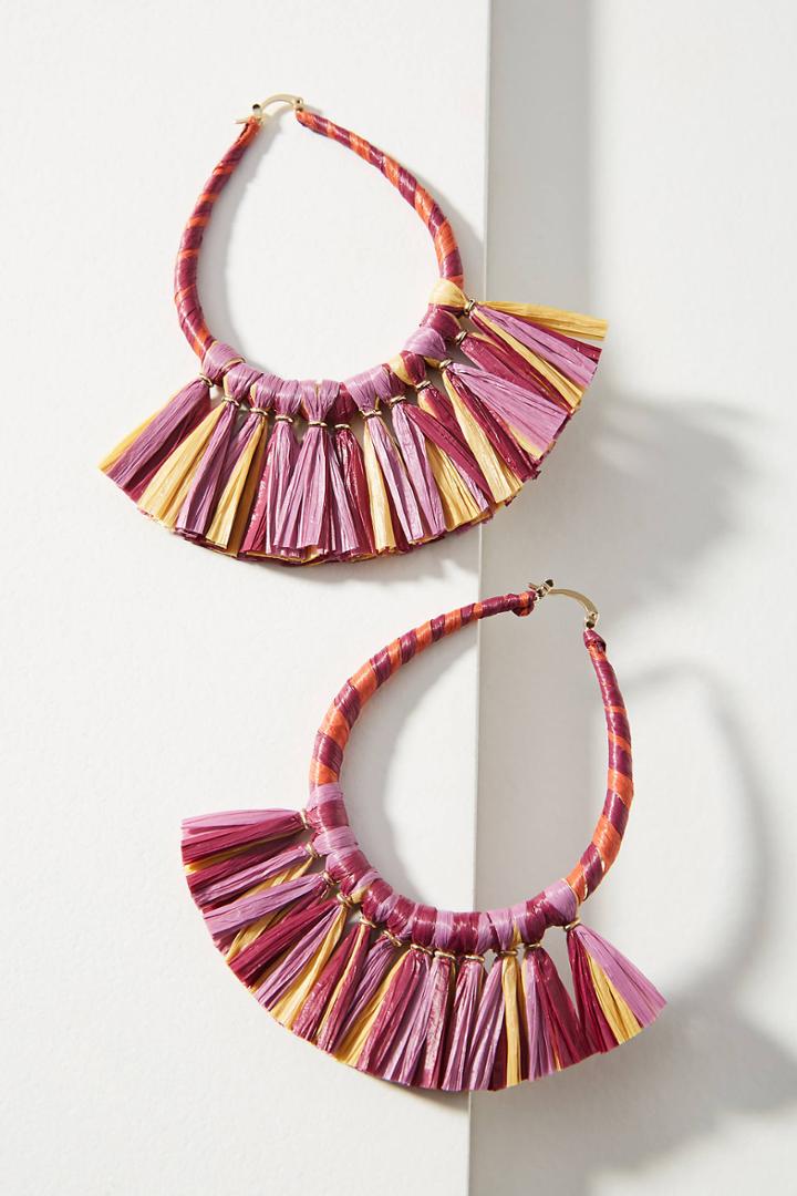 Anthropologie Tasseled Raffia Hoop Earrings
