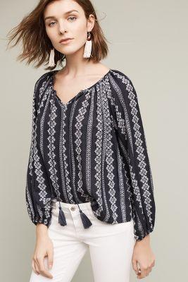 Blue Tassel Tie-neck Peasant Top