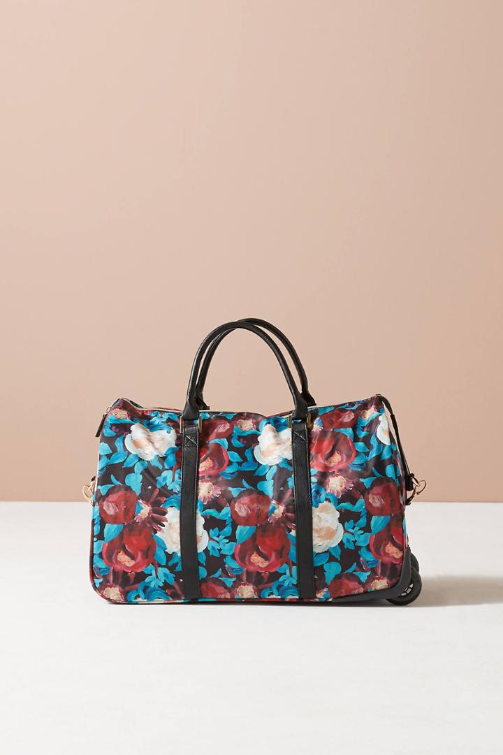 Anthropologie Floral Overlay Rolling Duffle Bag