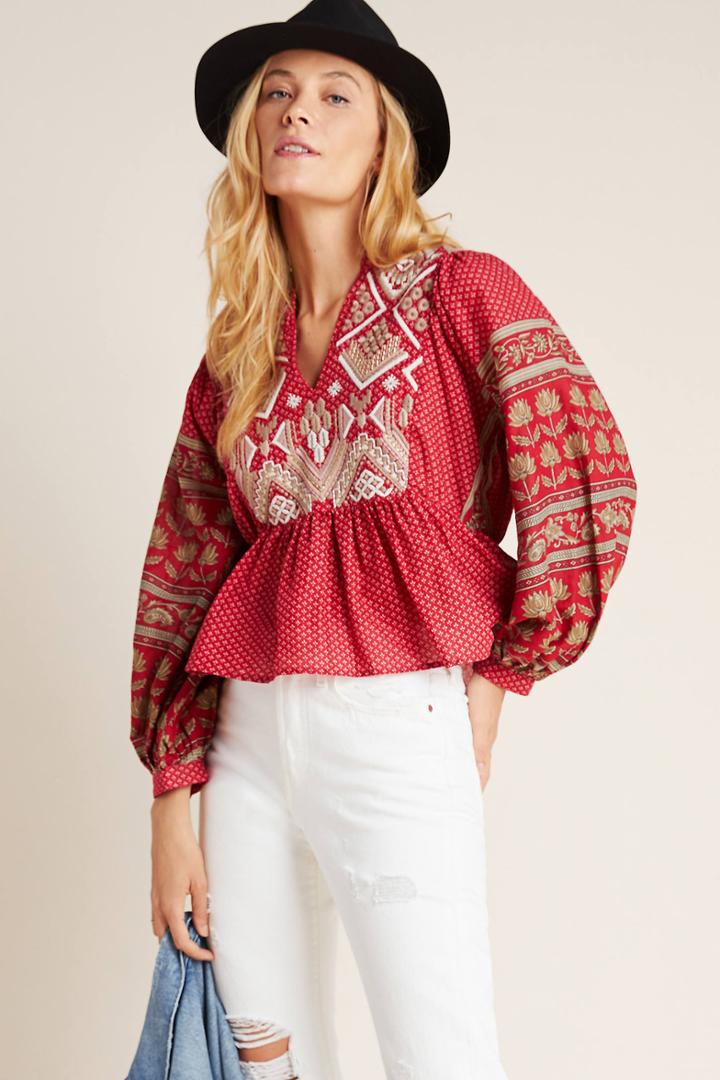 Anthropologie Keira Embroidered Peplum Blouse