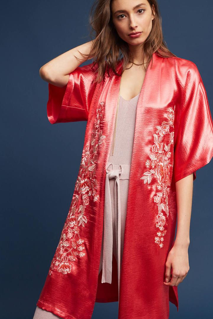 Anthropologie Embroidered Satin Kimono