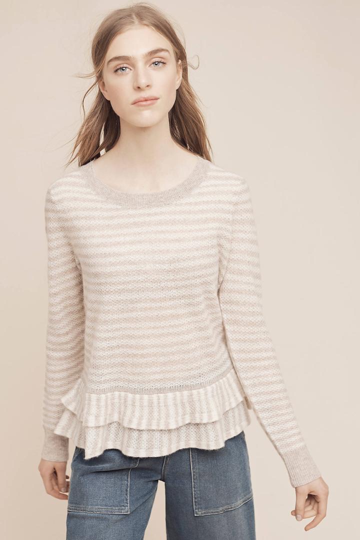 White + Warren Flounced Cashmere Pullover